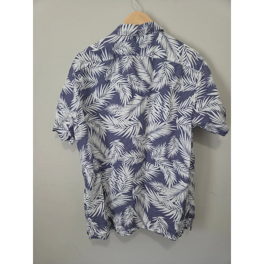 Banana Republic Mens Blue White Linen Palm Leaf Camden Standard Fit Shirt Large